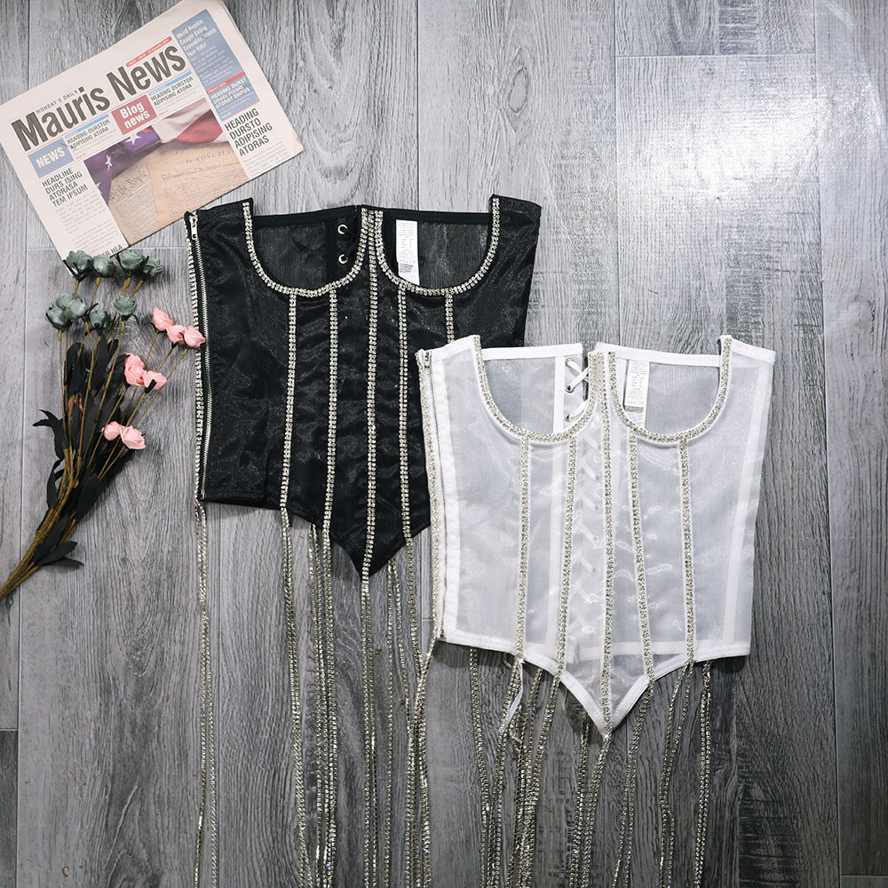 Transparent Corset Sexy Women Fashionable Vest Rhinestone Outer Wear Lace Up Lace Wrapped Chest