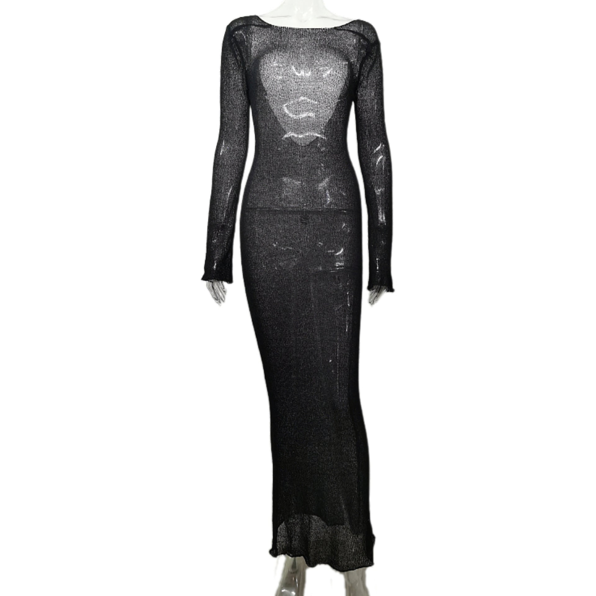 Summer See through Sexy Vacation Blouse Bare Back Solid Color Long Sleeve Knitted Dress Women Clothing