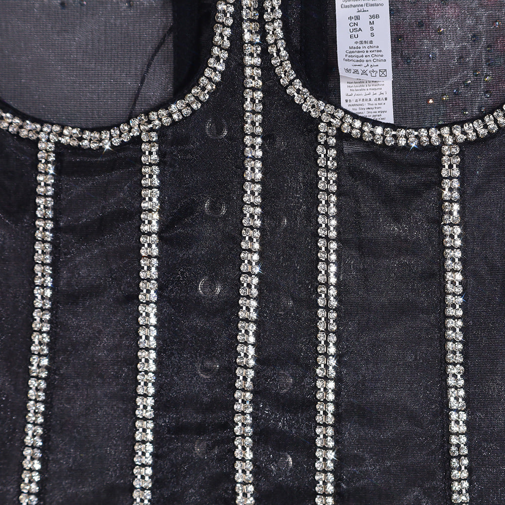 Transparent Corset Sexy Women Fashionable Vest Rhinestone Outer Wear Lace Up Lace Wrapped Chest