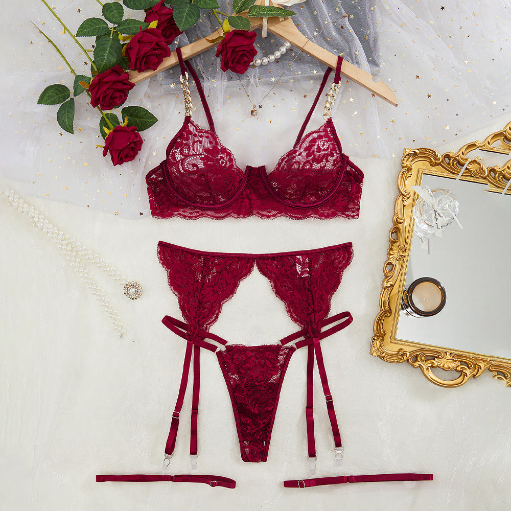 Heavy Industry Sexy Lingerie Sexy Leg Warmer Exquisite Diamond Decorations Lace Garter Belt Four Piece Set Summer