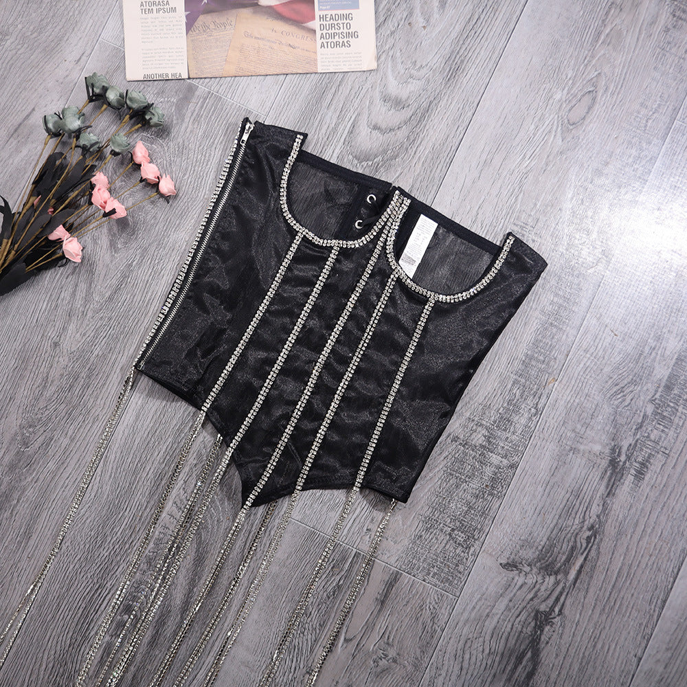 Transparent Corset Sexy Women Fashionable Vest Rhinestone Outer Wear Lace Up Lace Wrapped Chest