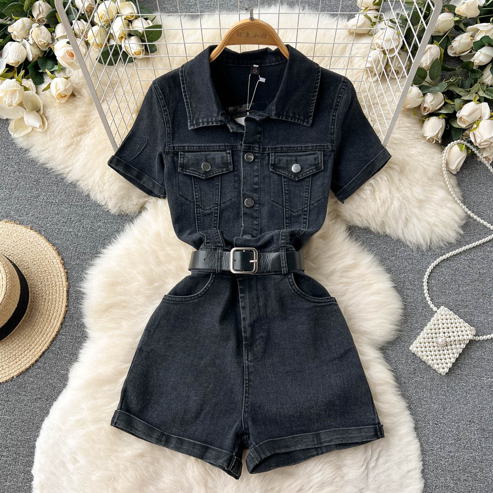 Workwear One Piece Denim Women Small Summer Wear Graceful Fashionable High Waist Wide Leg Shorts