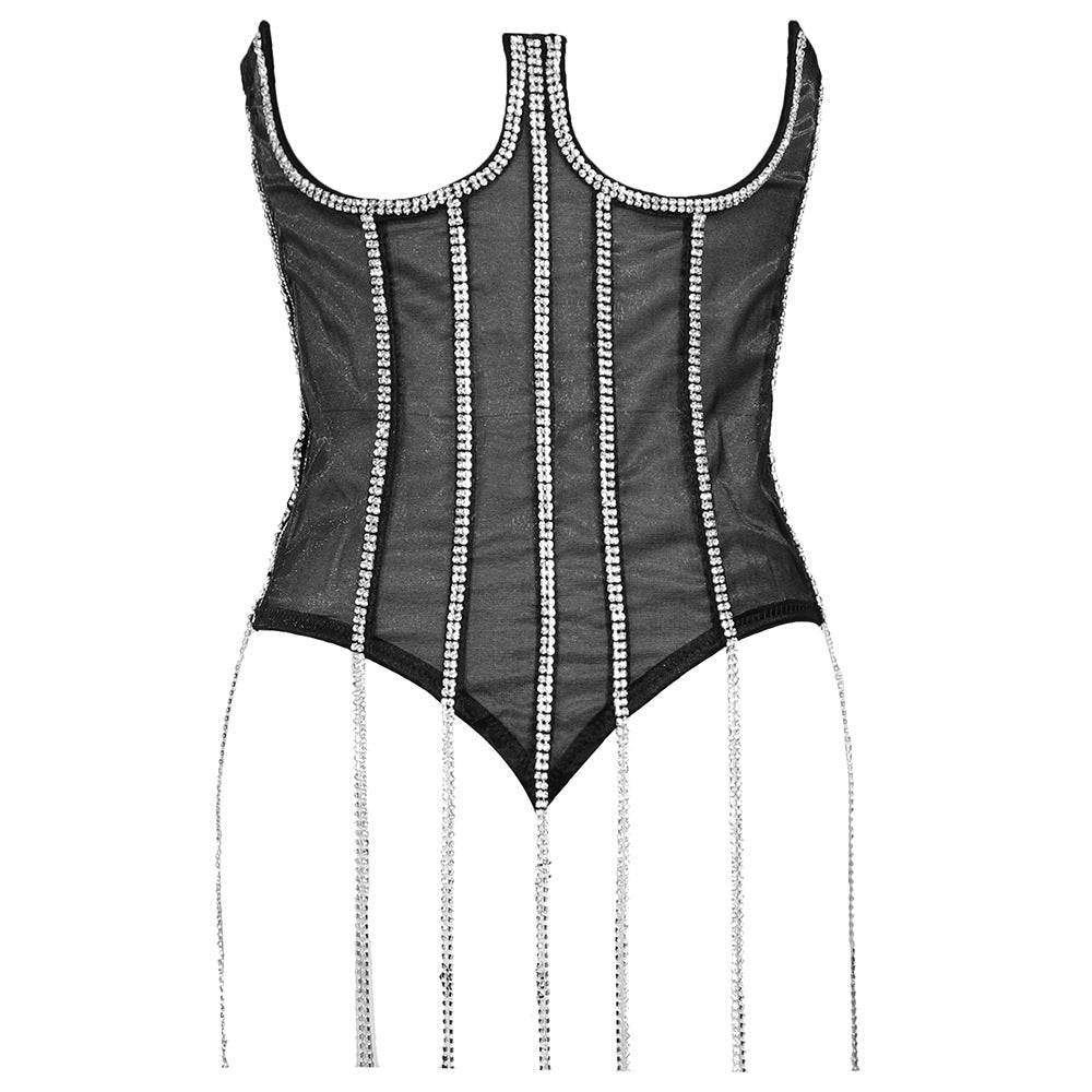 Transparent Corset Sexy Women Fashionable Vest Rhinestone Outer Wear Lace Up Lace Wrapped Chest