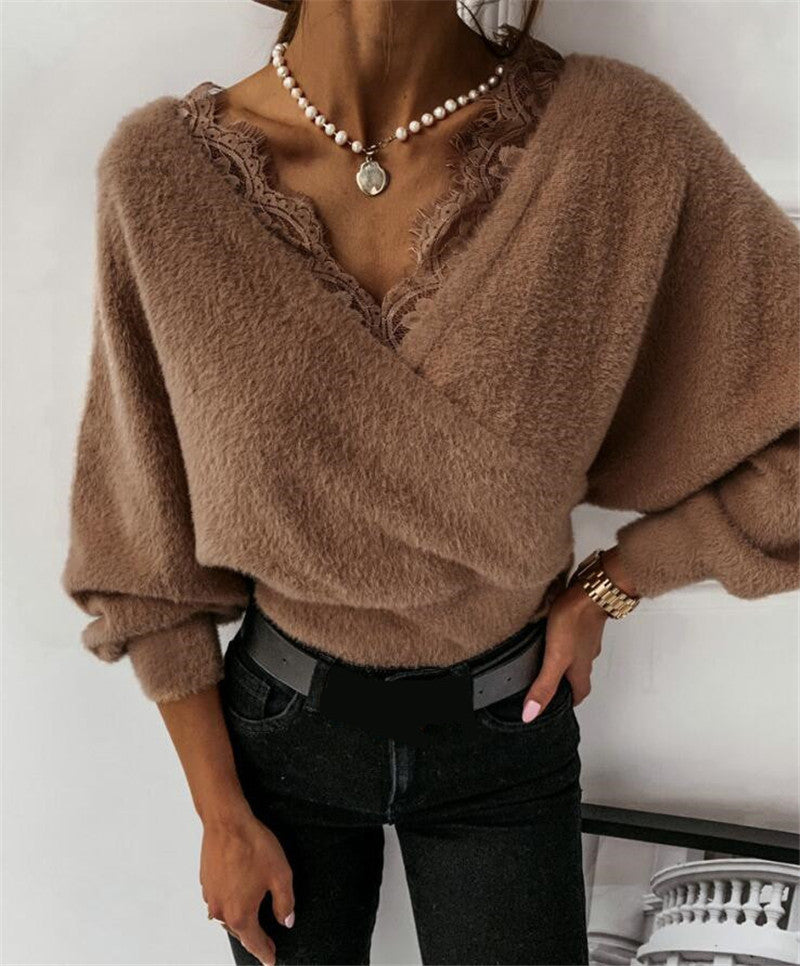 Solid Color Lace Strap Flannel Long Sleeved