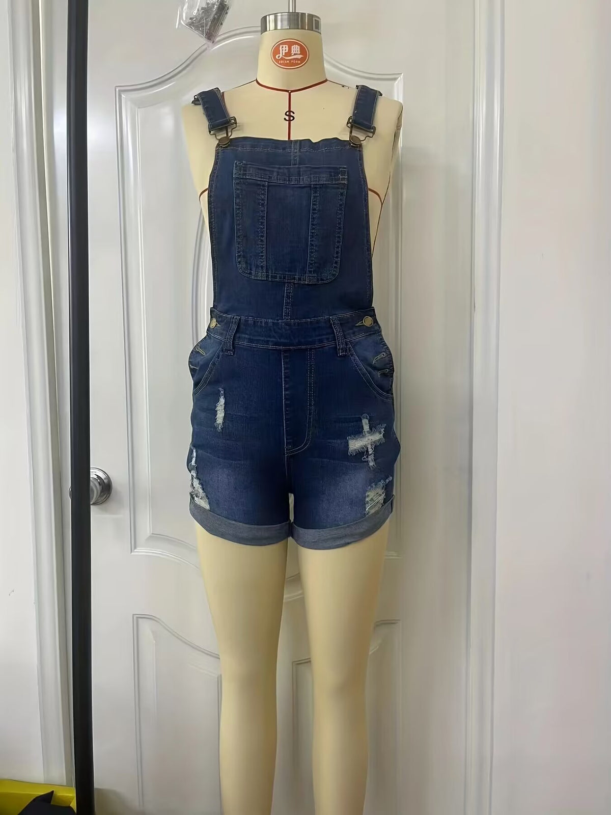 Elastic Ripped Suspender Denim Shorts One Piece Denim Jumpsuits