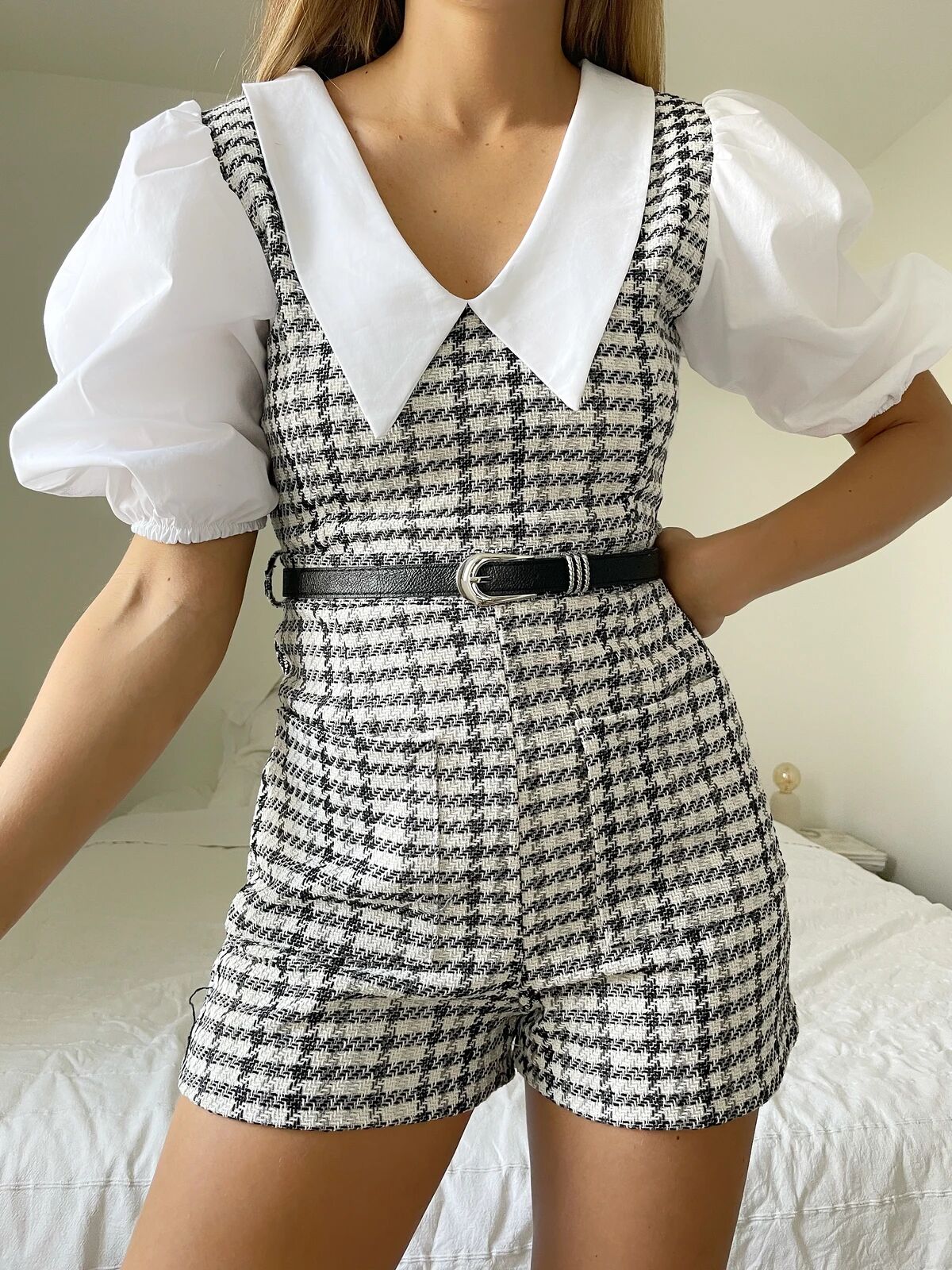 Summer Women Clothing Collared Contrast Color Check Short Skirt With Belt Dress Women