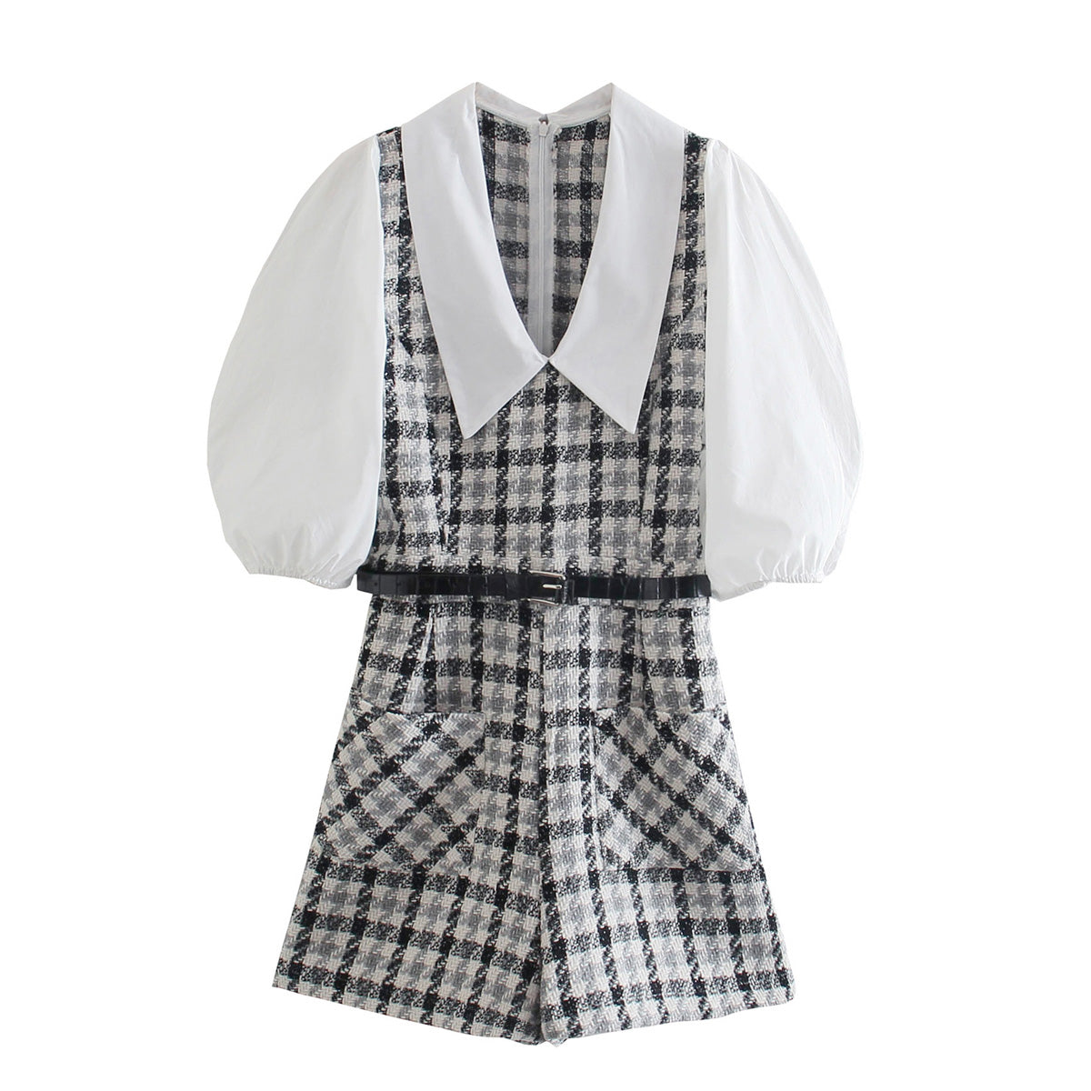 Summer Women Clothing Collared Contrast Color Check Short Skirt With Belt Dress Women