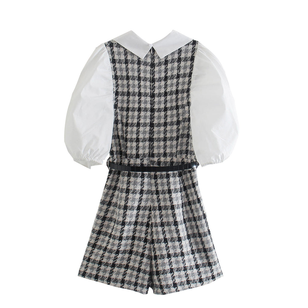 Summer Women Clothing Collared Contrast Color Check Short Skirt With Belt Dress Women