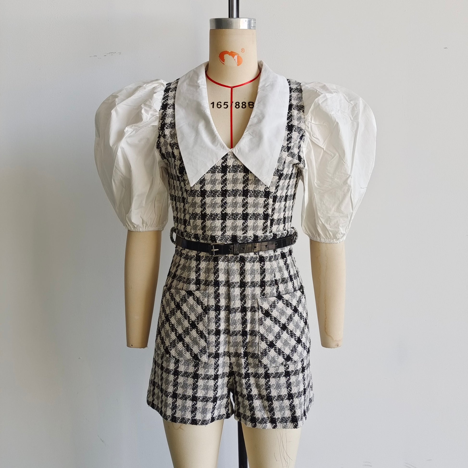 Summer Women Clothing Collared Contrast Color Check Short Skirt With Belt Dress Women