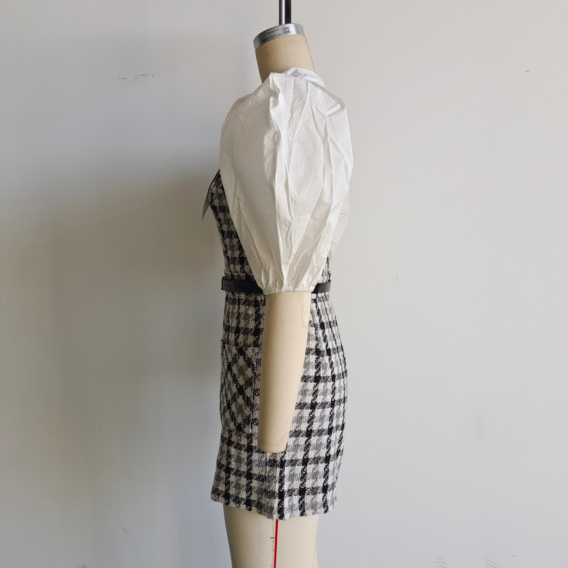 Summer Women Clothing Collared Contrast Color Check Short Skirt With Belt Dress Women