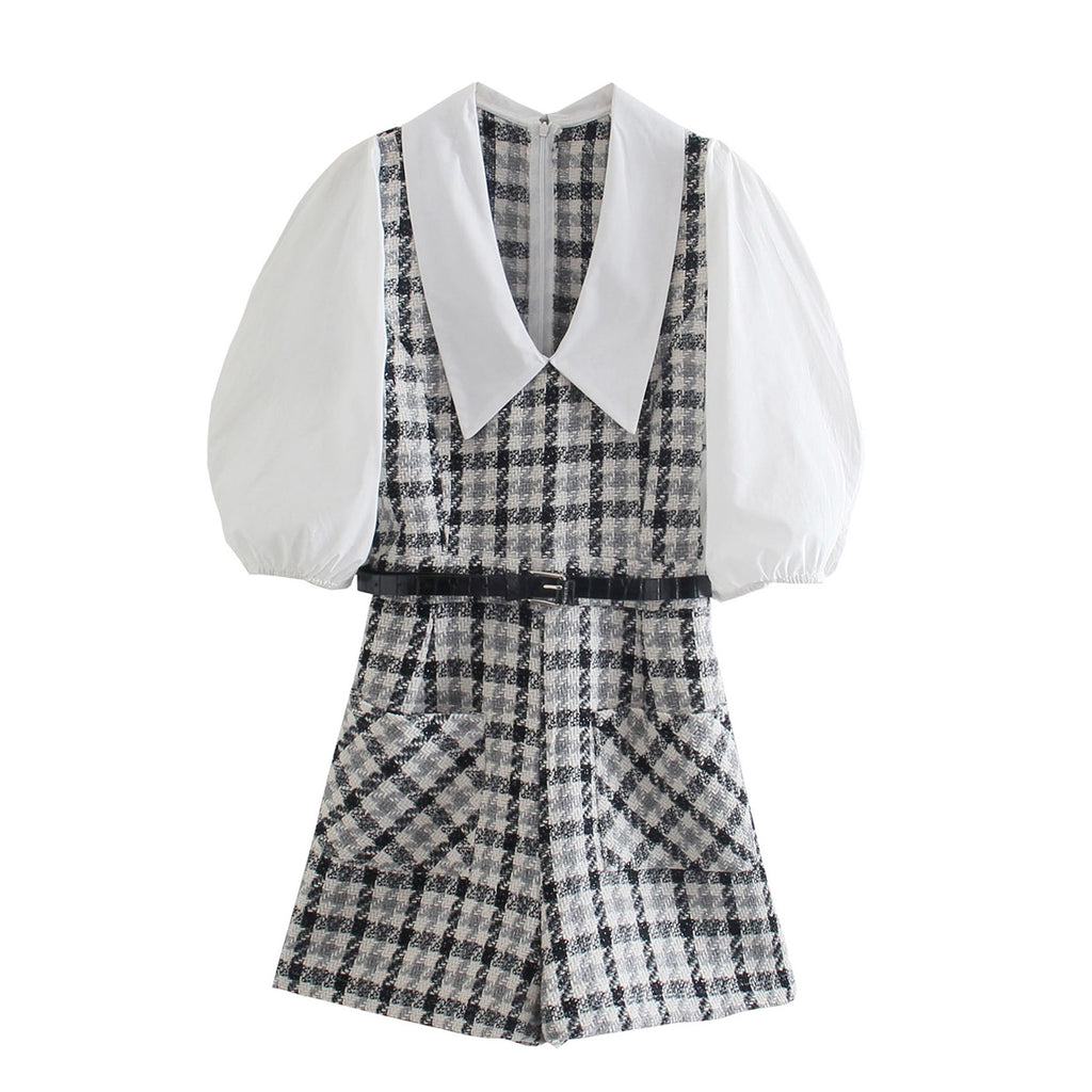 Summer Women Clothing Collared Contrast Color Check Short Skirt With Belt Dress Women