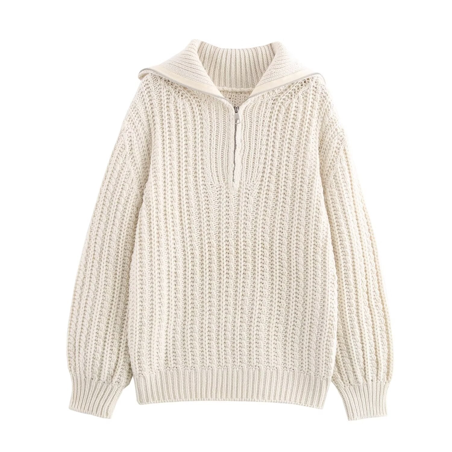 Fall Women Clothing Thick Needle Loose Half Zipper Collared Knitted Pullover Sweater