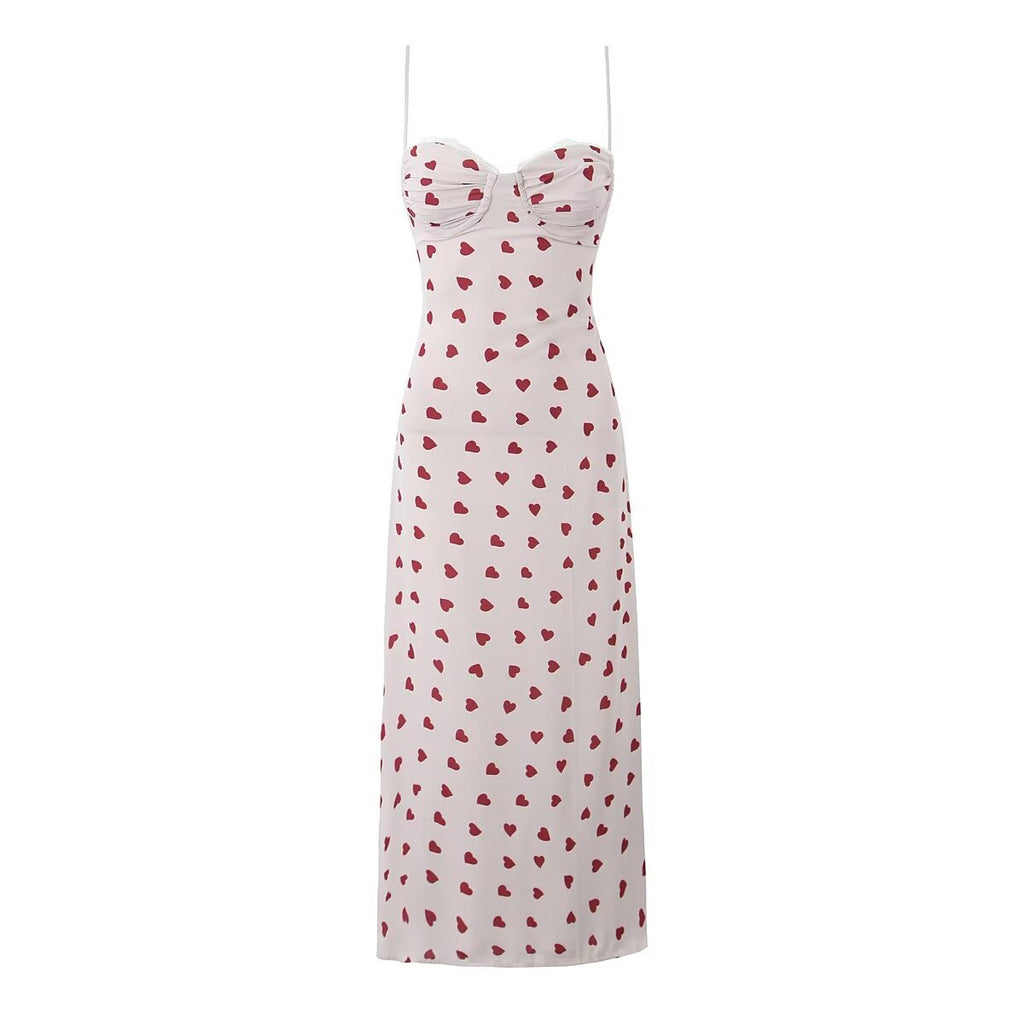 Women Clothing Winter Heart Printing Suspender Lace Stitched Backless Slimming Dress