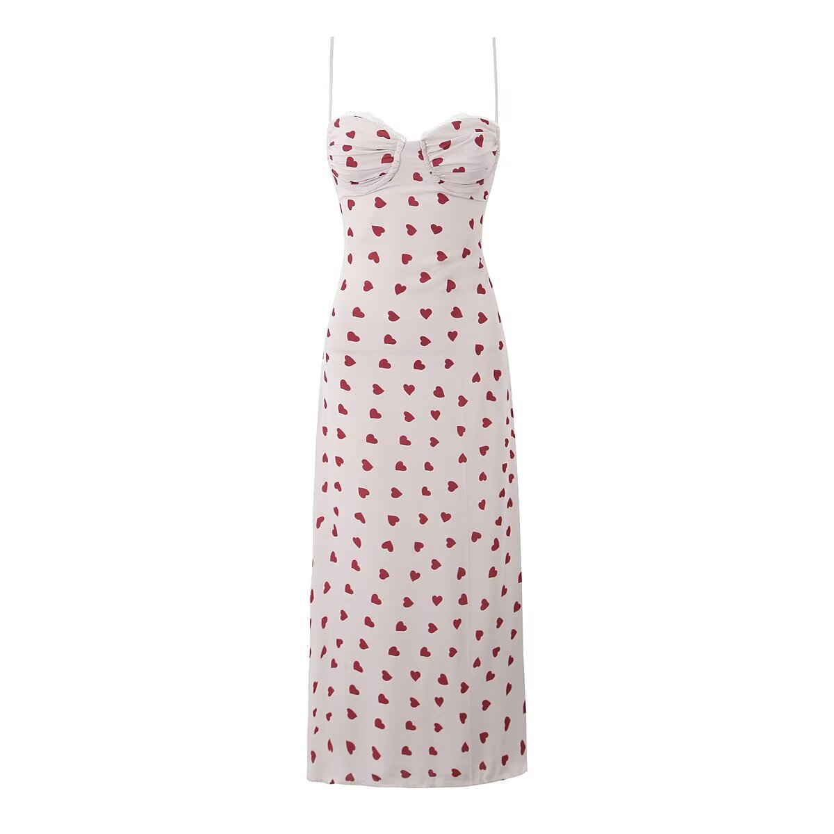 Women Clothing Winter Heart Printing Suspender Lace Stitched Backless Slimming Dress