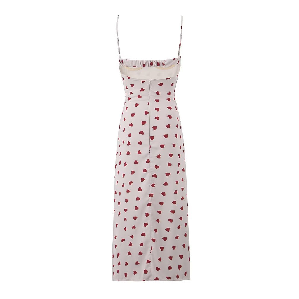 Women Clothing Winter Heart Printing Suspender Lace Stitched Backless Slimming Dress