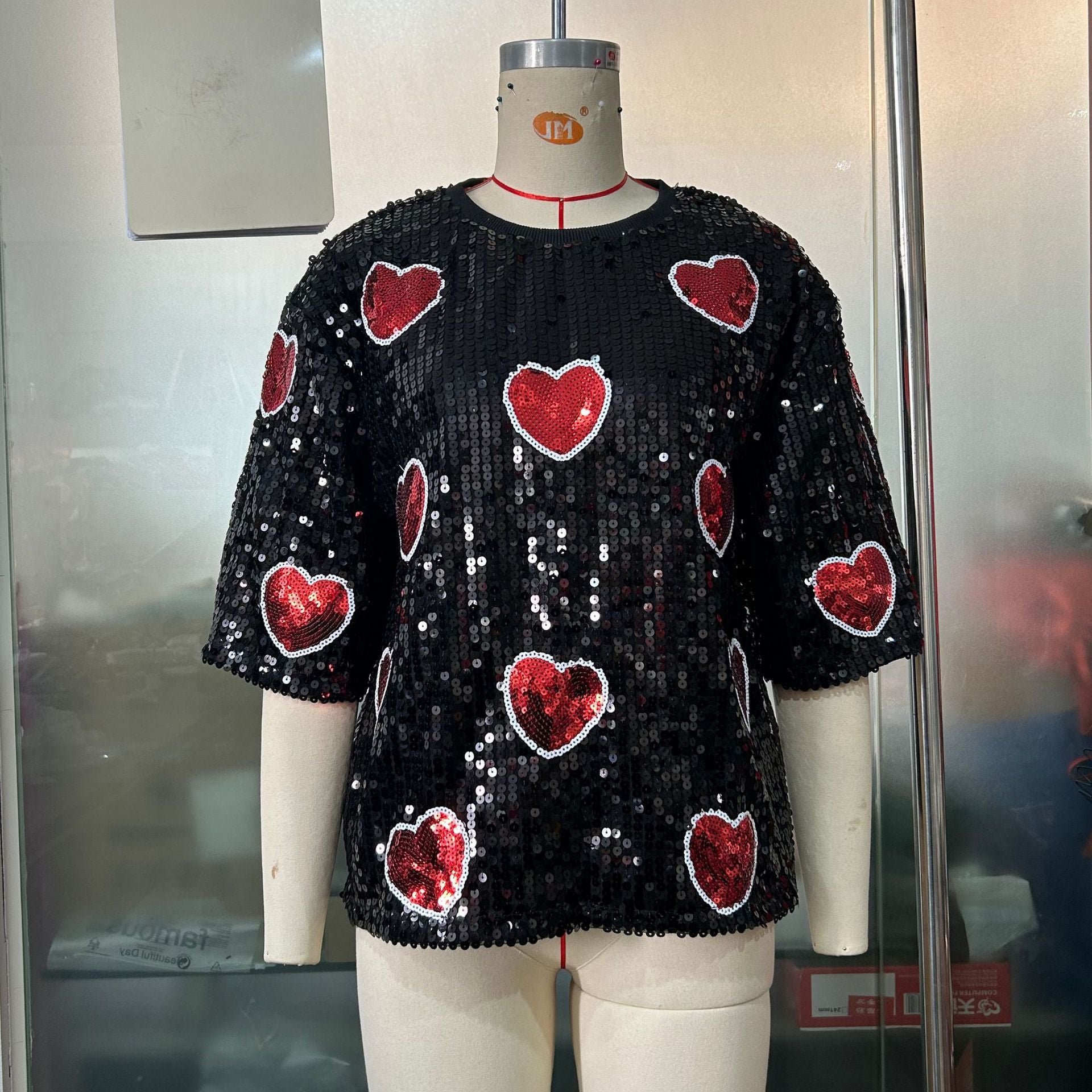 Round Neck Sequ Shirt Christmas Heavy Industry Sequin Half Sleeve T shirt Loose Casual Top