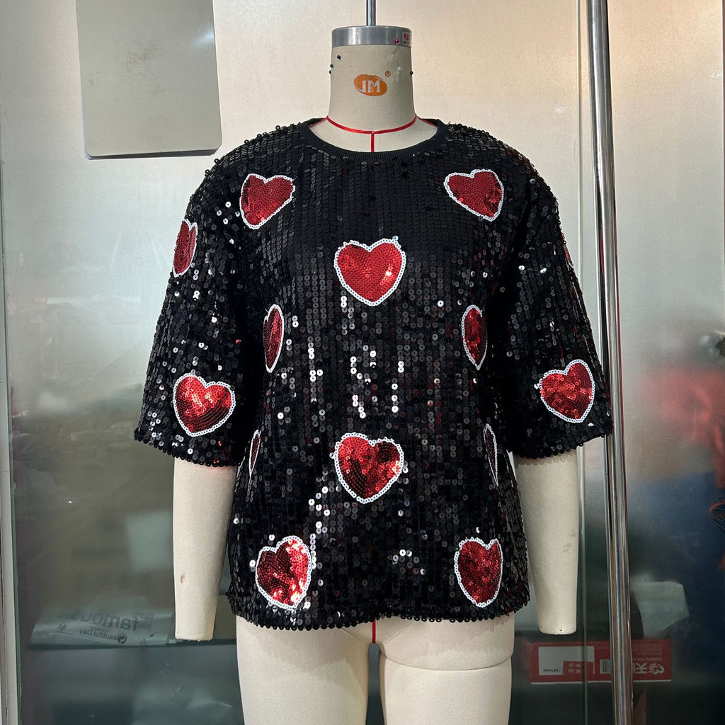 Round Neck Sequ Shirt Christmas Heavy Industry Sequin Half Sleeve T shirt Loose Casual Top
