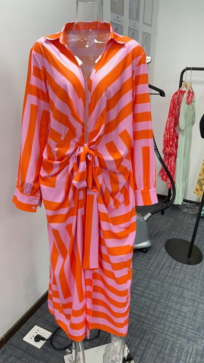 2022 Women Clothing New Fashionable Print Shirt Collar Lacing Mid-Length Striped Dress