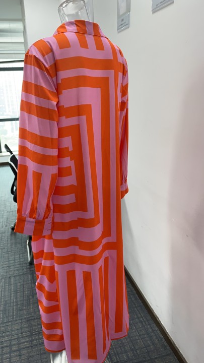 2022 Women Clothing New Fashionable Print Shirt Collar Lacing Mid-Length Striped Dress