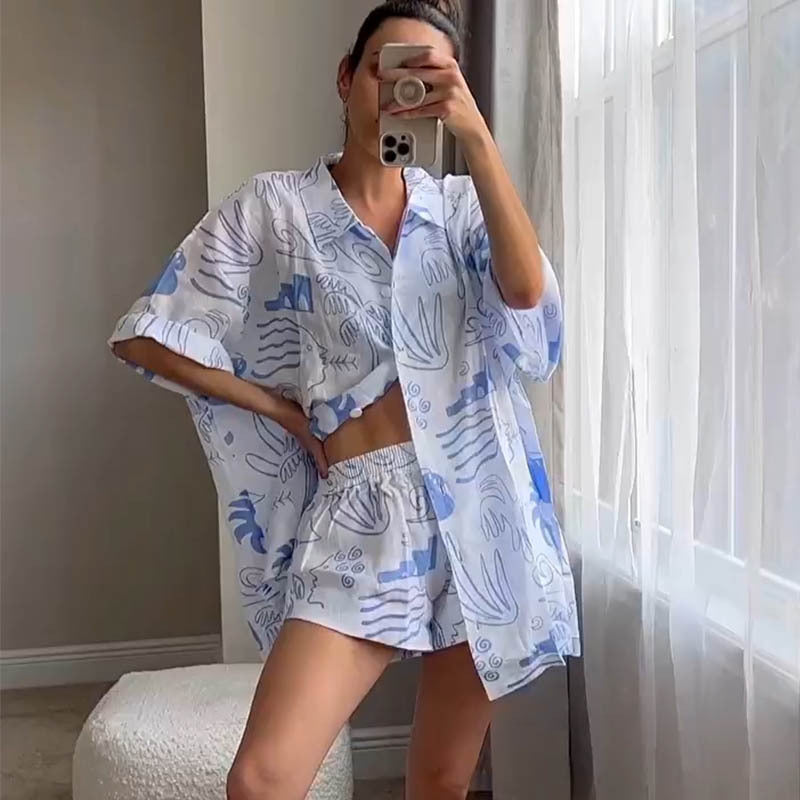 Spring Summer  Leisure Holiday Idle Style Creative Printing Shirt Shorts Suit