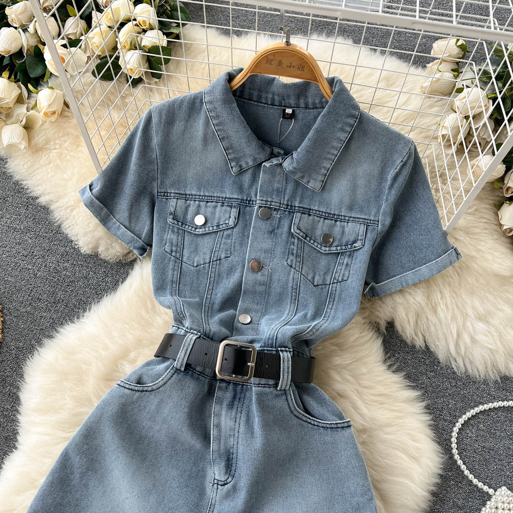Workwear One Piece Denim Women Small Summer Wear Graceful Fashionable High Waist Wide Leg Shorts