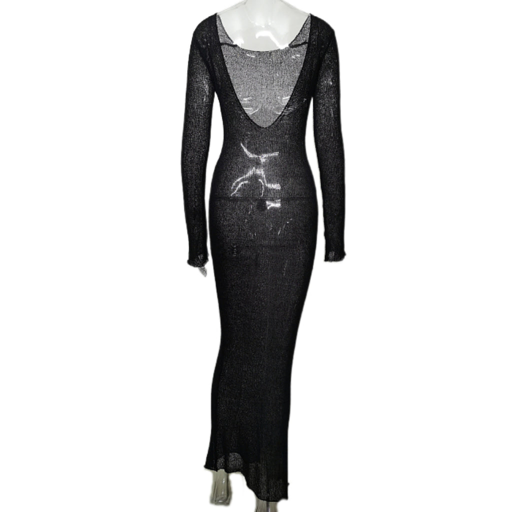 Summer See through Sexy Vacation Blouse Bare Back Solid Color Long Sleeve Knitted Dress Women Clothing