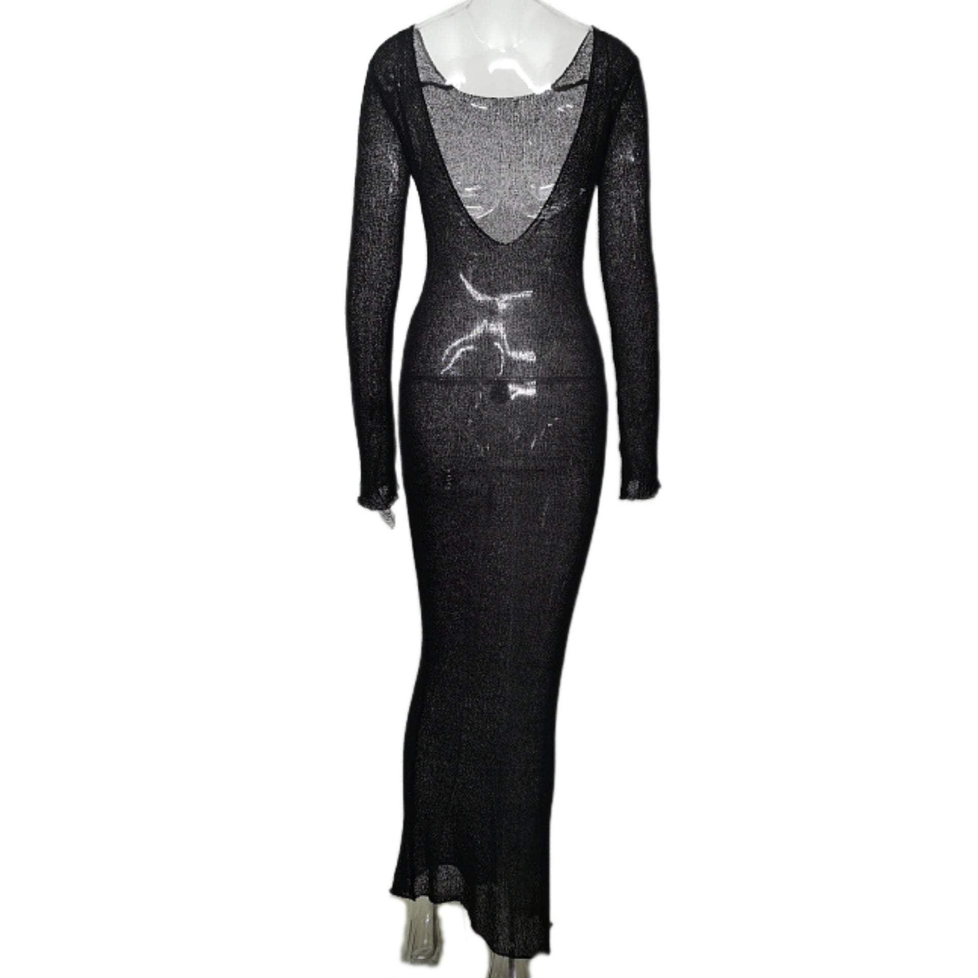 Summer See through Sexy Vacation Blouse Bare Back Solid Color Long Sleeve Knitted Dress Women Clothing