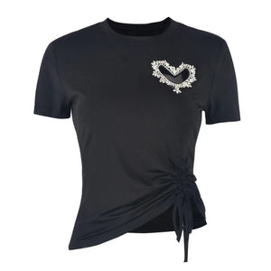 Spring Summer Women Heart Shaped Rhinestone Round Neck Drawstring T Shirt Top
