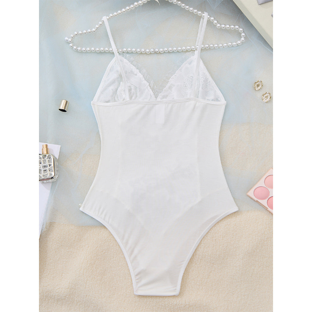 One Piece Sexy Lingerie Sukumizu Modal Stitching Water Soluble Lace White Sexy Jumpsuit