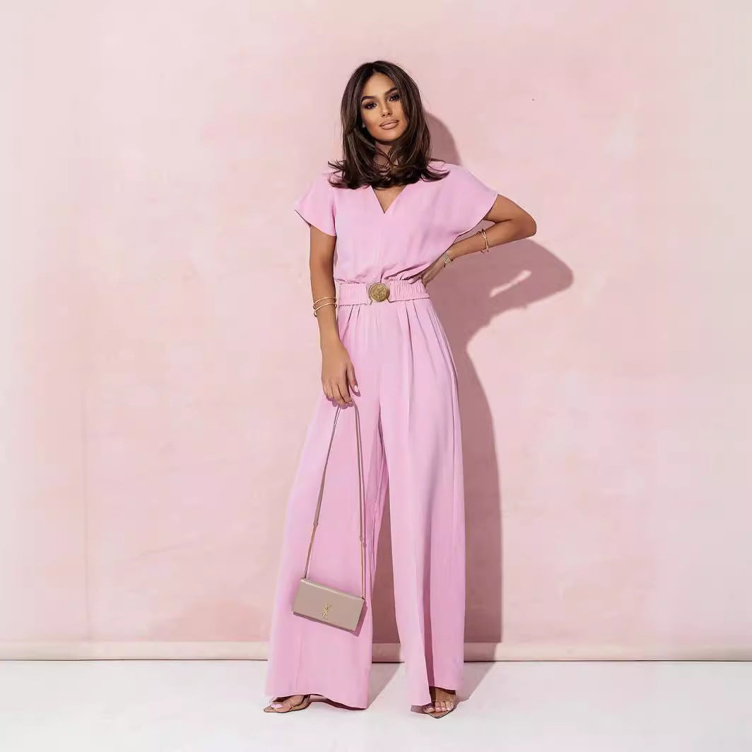Women Clothing Solid Color V neck Tight Waist Short Sleeve Casual Trousers Jumpsuit