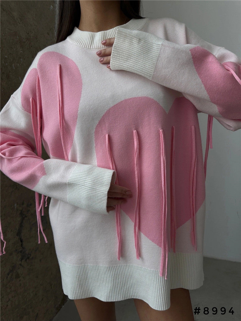 Love Tassel Autumn Winter Sweater Women round Neck Pullover Top Sweater