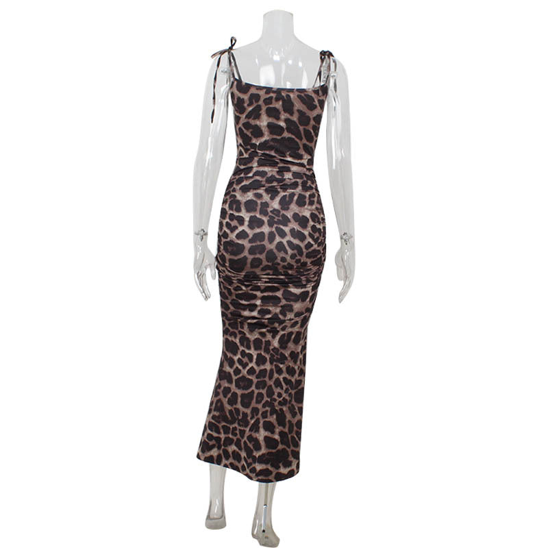 Women Leopard Print Printing Slip Dress Sexy High Waist Slit Sheath Dress