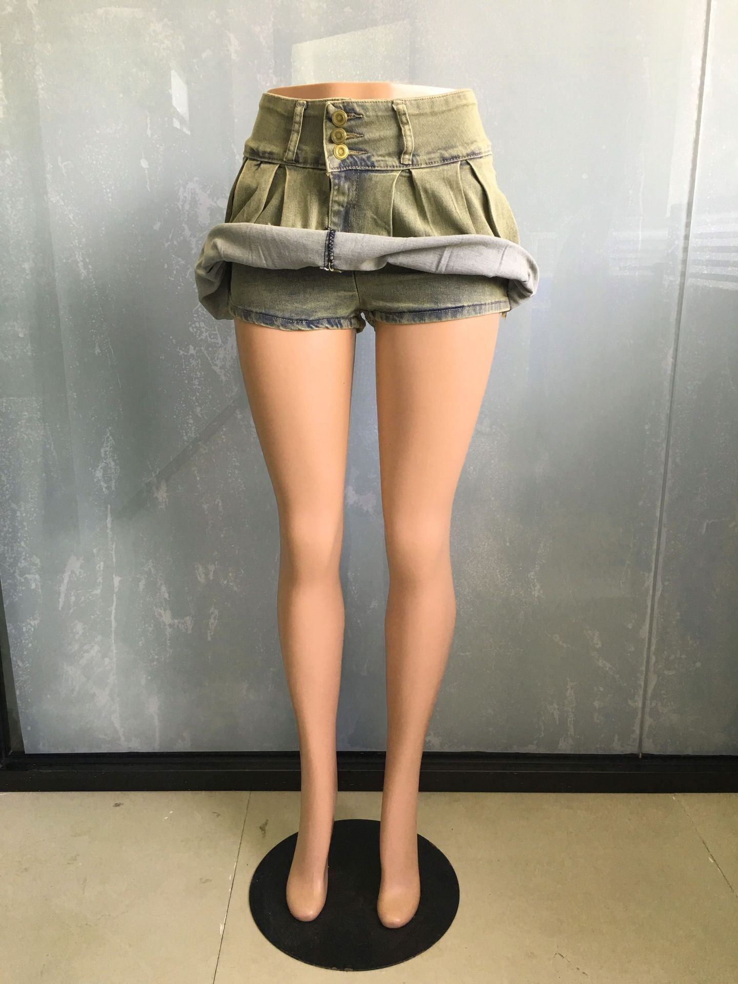 Sexy Slim Fit Comfort Casual High Elastic Faux Two Piece Jeans Shorts Pleated Skirt
