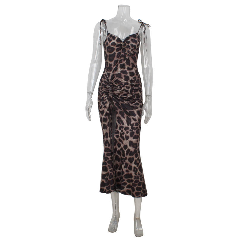 Women Leopard Print Printing Slip Dress Sexy High Waist Slit Sheath Dress