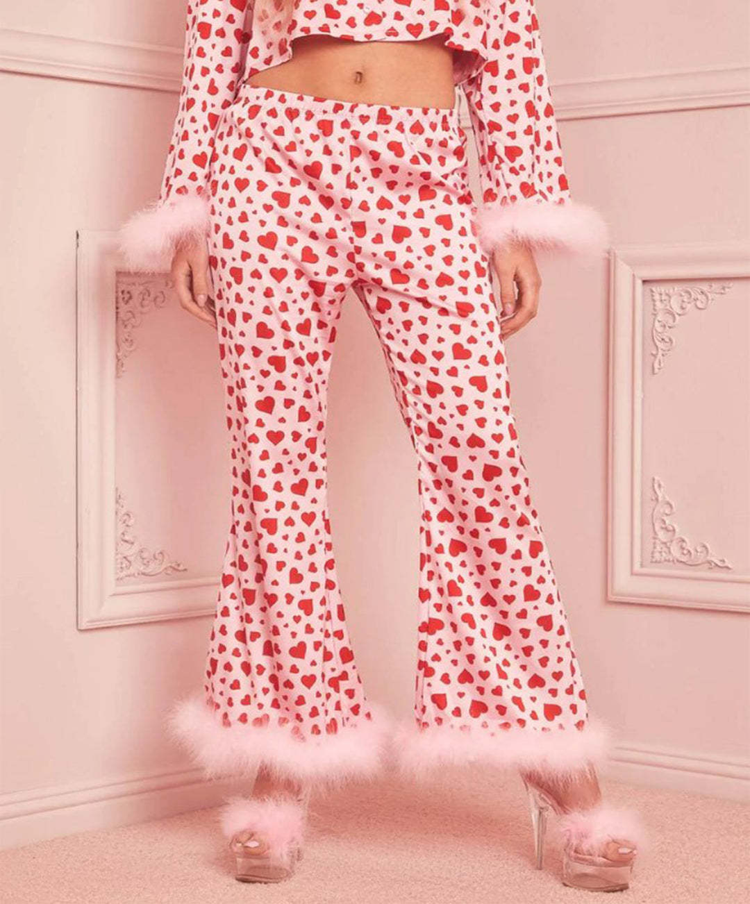 Spring Women Clothing Valentine Day Sweet Cropped Print Casual Pajamas Sets
