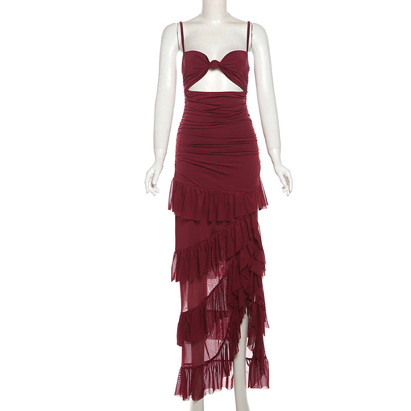 Women Clothing Autumn Winter Sexy Hollow Out Cutout Side Slit Backless Gauzy Sling Dress Women