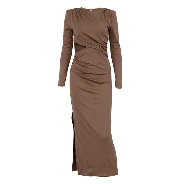 Spring Hip Slim Pleated Dress Solid Color round Neck Long Sleeve Split Hollow Out Cutout Dress Women