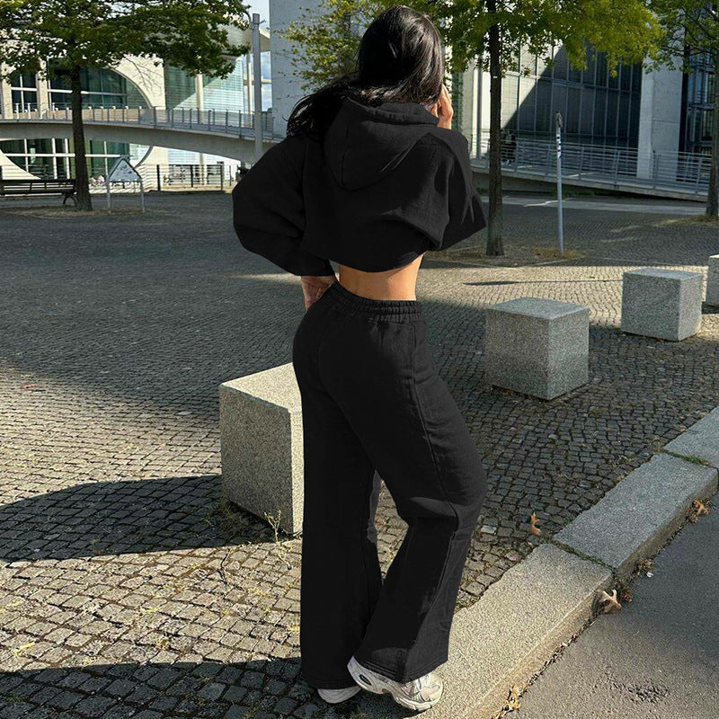 Women Clothing Autumn Winter Zipper Hooded Cropped Top Slim Casual Trousers Two Piece Sets