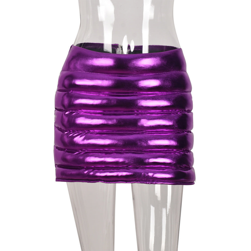 Women Clothing 2022 Spring Summer Skirt Splash-Proof Zipper Glossy Personalized Cotton-Filled Skirt for Women