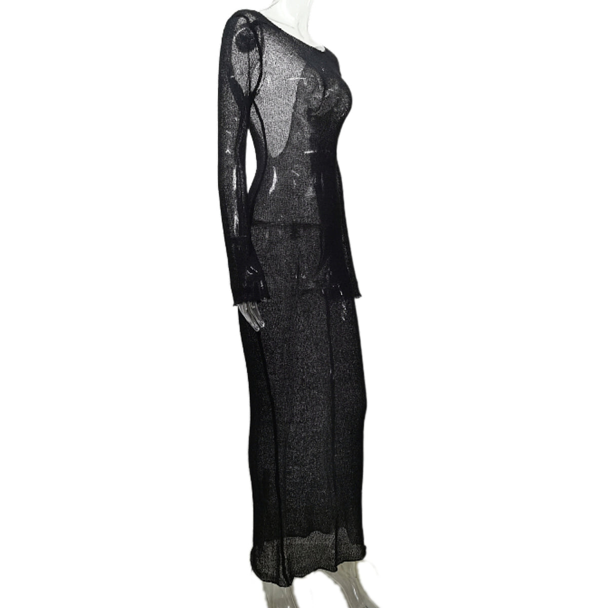 Summer See through Sexy Vacation Blouse Bare Back Solid Color Long Sleeve Knitted Dress Women Clothing