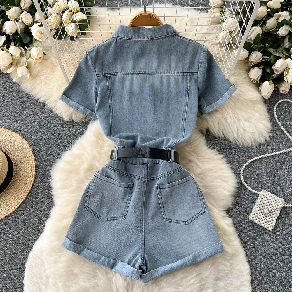 Workwear One Piece Denim Women Small Summer Wear Graceful Fashionable High Waist Wide Leg Shorts