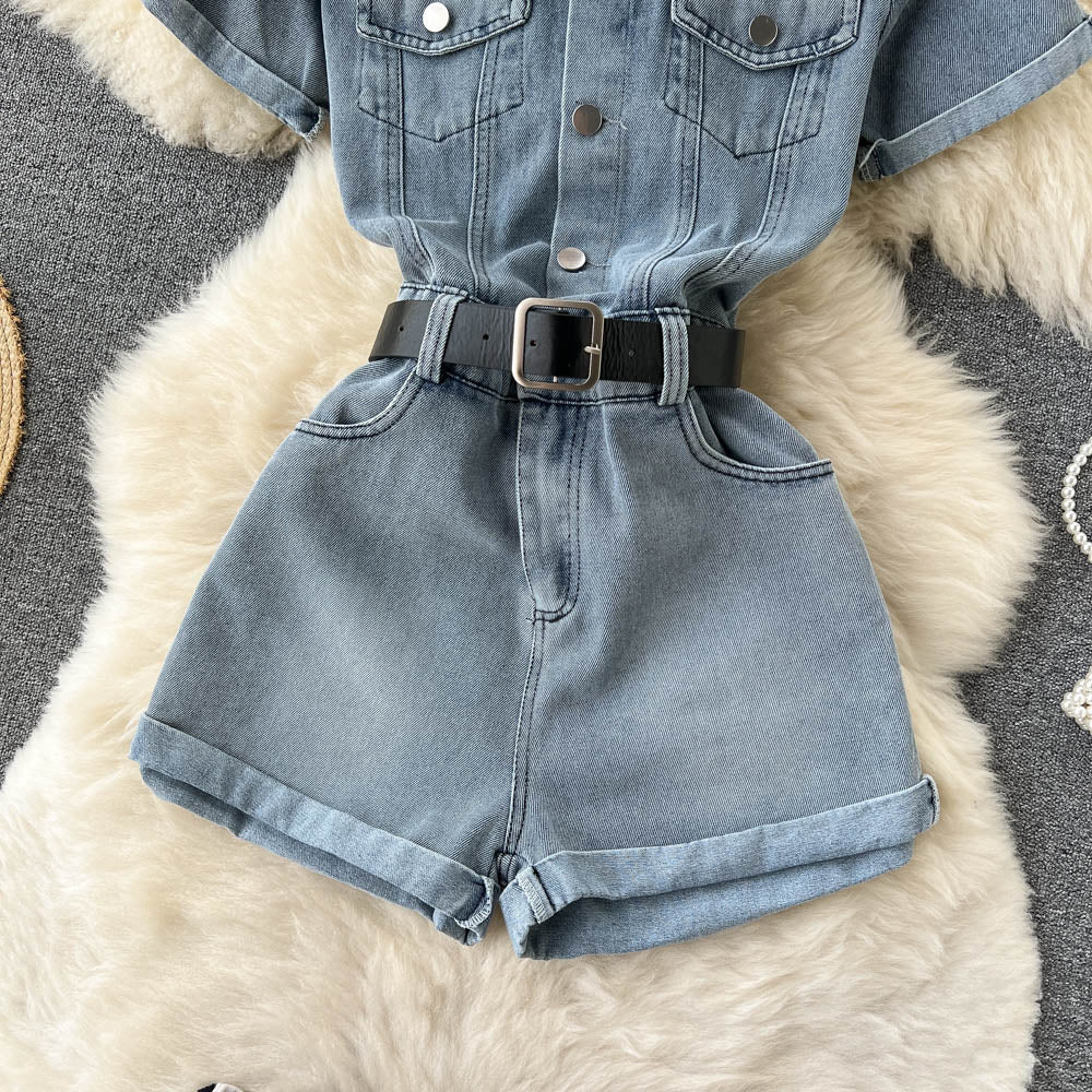 Workwear One Piece Denim Women Small Summer Wear Graceful Fashionable High Waist Wide Leg Shorts