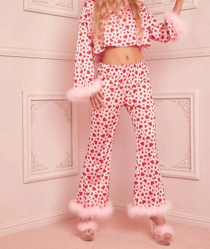Spring Women Clothing Valentine Day Sweet Cropped Print Casual Pajamas Sets