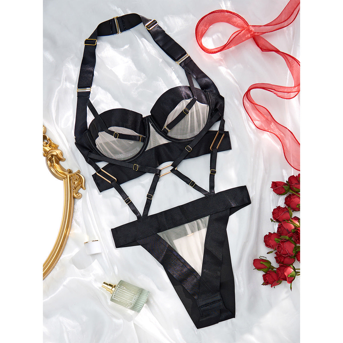 Underwear Metal Connection Buckle Bandage Mesh Joint Sexy Halter Jumpsuit for Women