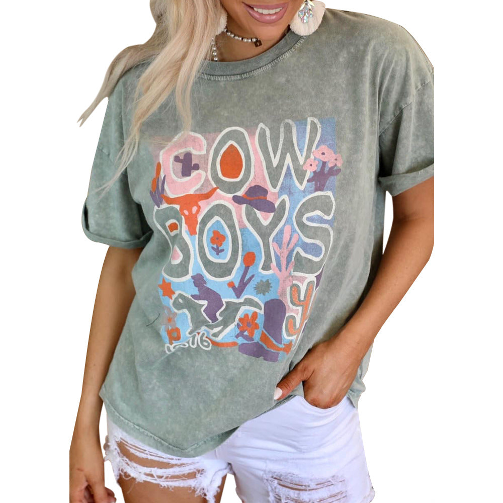 Summer New Women Clothing Letter Graphic Printed round Neck Short-Sleeved Casual T-shirt