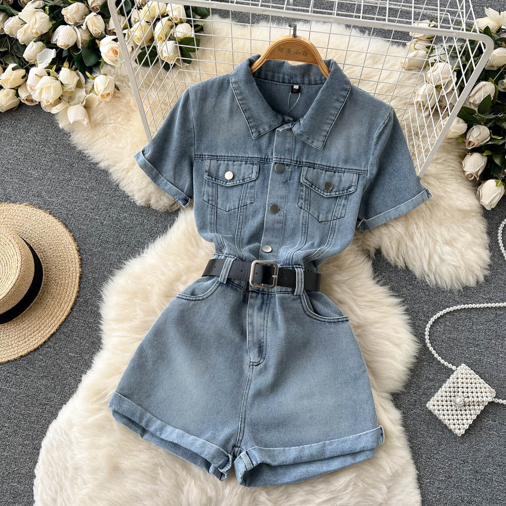 Workwear One Piece Denim Women Small Summer Wear Graceful Fashionable High Waist Wide Leg Shorts