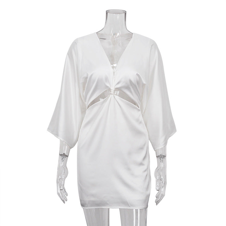 Satin Deep V-neck Hollow Twisted Three-Quarter Sleeve Tight Dress