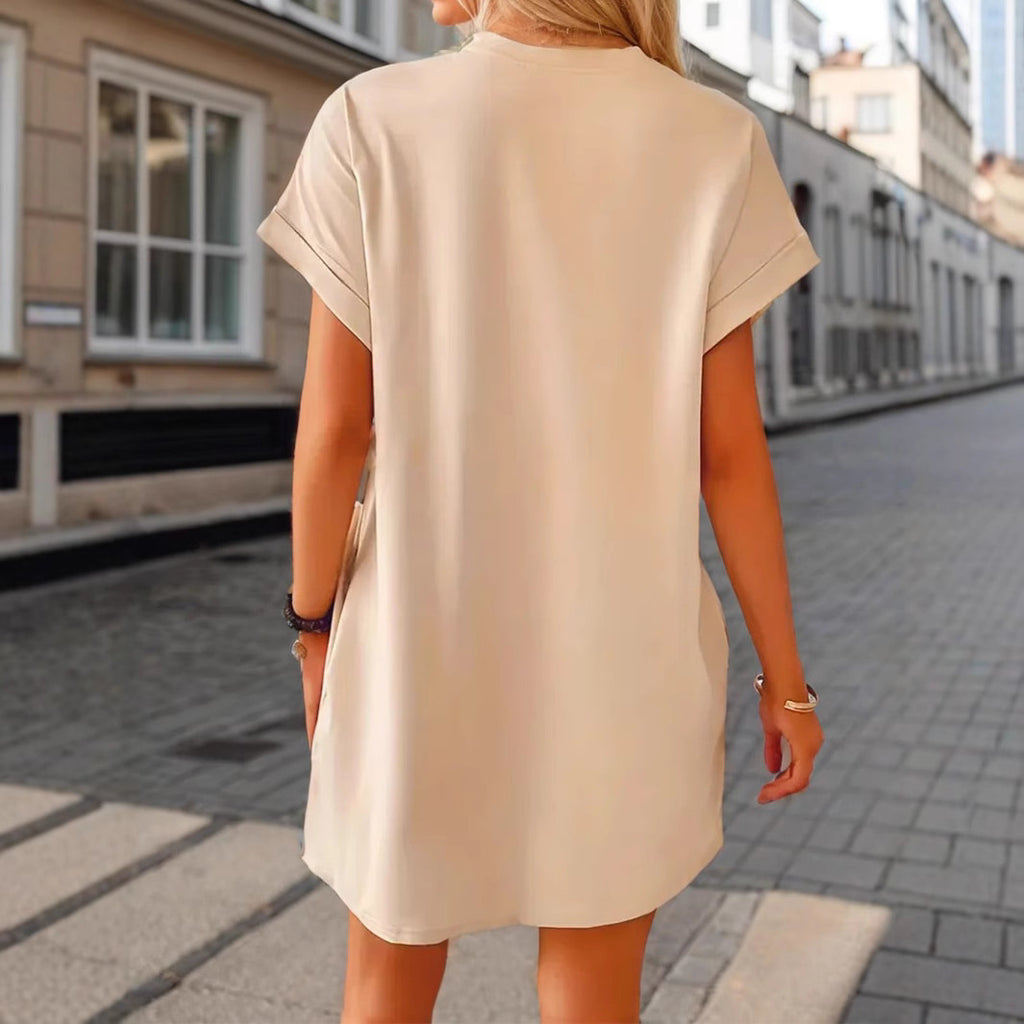 Women Clothing out Heart-Shaped Sequin Embroidery round Neck Casual Short Sleeve Drop Shoulder Sleeve Loose Dress