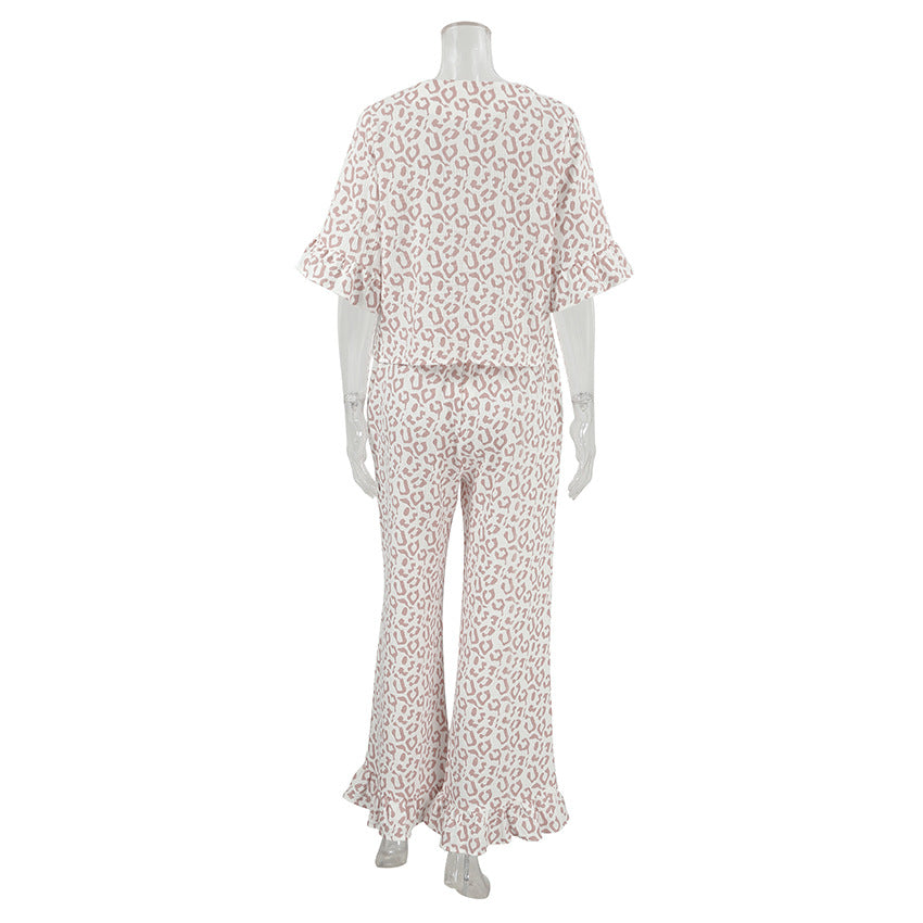 Spring Summer Heart Printing Ruffled Short Sleeves Trousers Pajamas Home Wear