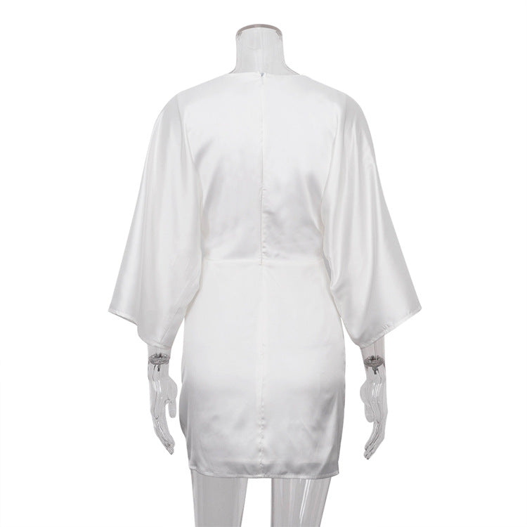 Style 2022 Summer New Style White Satin Deep V-neck Hollow Twisted Three-Quarter Sleeve Tight Dress